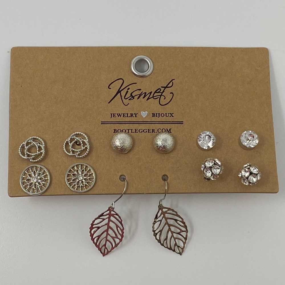 Kismet Jewelry Womens Eight Pair Silver Tone Earrings Leaf Crystal Circle Knot